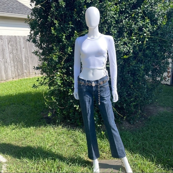 7 FAMK Dark Pleated Embroidered Bootcut Jeans - Picture 2 of 15